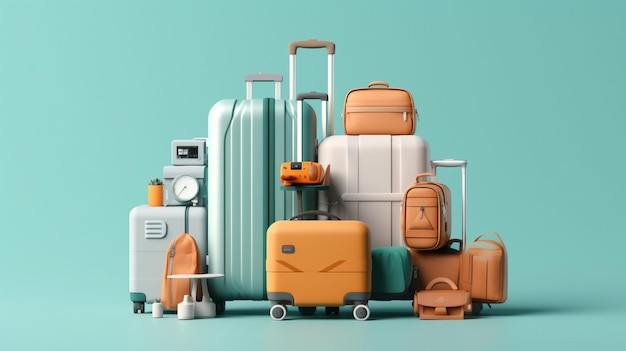 Concepto de vacaciones de viaje maleta de color profesional y accesorios de playa 3d por IA generada