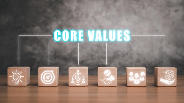 Concepto de valores fundamentales Bloque de madera en el escritorio con icono de valores fundamentales en la pantalla virtual