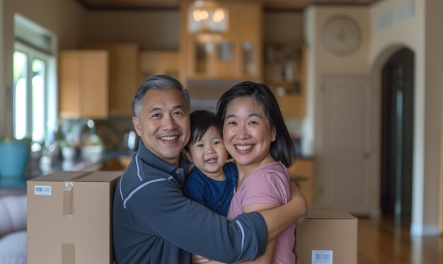 Foto concepto de venta de bienes raíces de reubicación para una familia asiática china con cajas de cartón en su nueva casa
