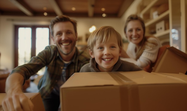 Foto concepto de venta de bienes raíces de reubicación para una familia caucásica con cajas de cartón en su nuevo hogar