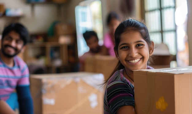 Concepto de venta de bienes raíces de reubicación para una familia india con cajas de cartón en su nueva casa