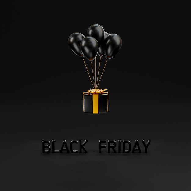 Foto concepto de venta de viernes negro cierre de caja de regalo y globos voladores ilustración de renderizado 3d