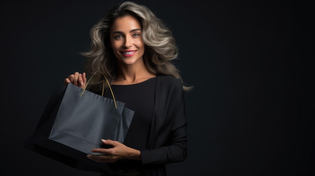 Concepto de venta de viernes negro Compras mujer sosteniendo una bolsa gris aislada sobre fondo oscuro en vacaciones