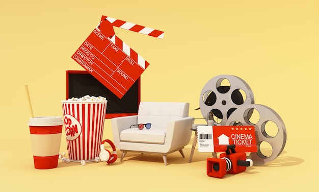 El concepto de ver películas en línea en casa rodeado de equipos de cine entradas de cine carretes de película cámaras de cine palomitas de maíz y bebidas con sillas de sillón aisladas en el fondo renderización 3D
