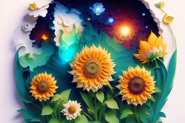 Un concepto de verano Un cautivador Girasoles de Papercut Sunflower Symphony Ilustración de Papercut IA generativa