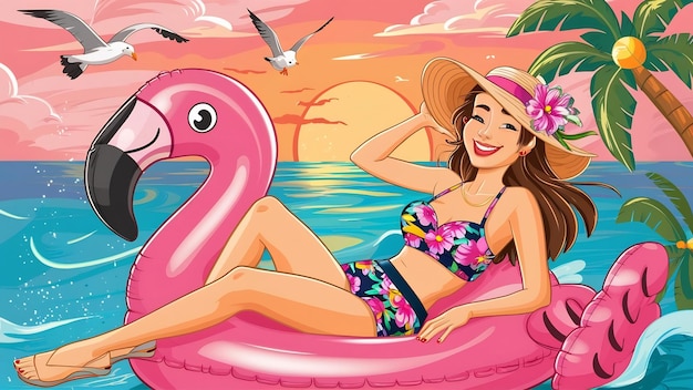 Concepto de verano con chica y flamenco inflable