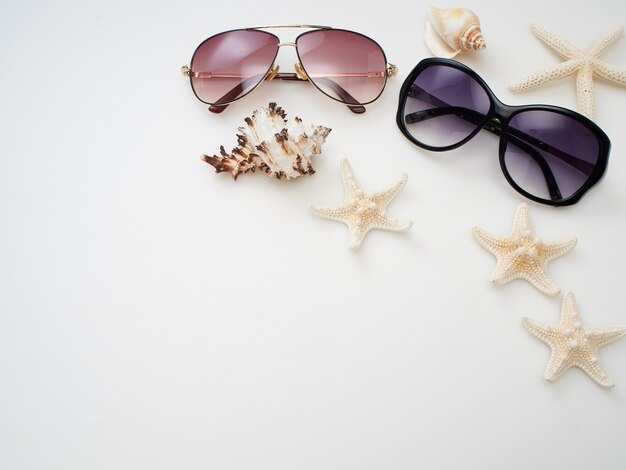 Concepto de verano Conchas, estrellas de mar, gafas de sol sobre un fondo blanco.