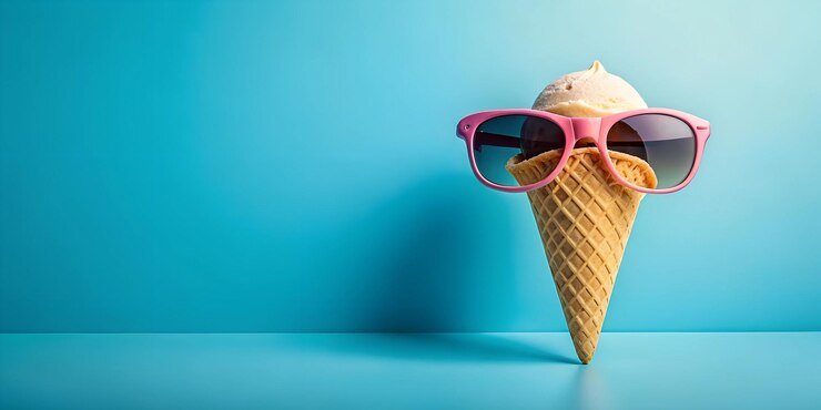Concepto de verano con cono de helado y gafas de sol en un espacio de copia de fondo azul