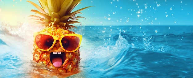 El concepto de verano del diseño de la piña feliz usando gafas de sol en el mar Generative ai