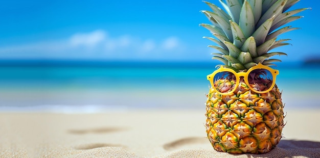 Concepto de verano fruta de piña divertida con gafas de sol en la arena de la playa contra el mar caribe turquesa