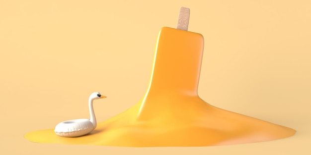 Concepto de verano con helado de naranja derretido y flotador de cisne Ilustración 3D del espacio de copia