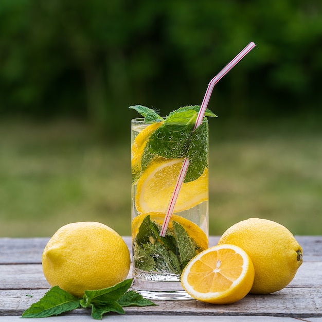 Concepto de verano Limonada con limón, menta y hielo en copas.