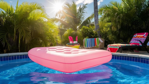 Concepto de verano y piscina con colchón rosa