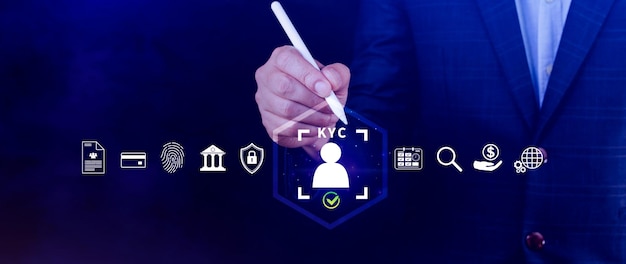 Concepto de verificación KYC KYC Conozca a su cliente Tecnología de negocio verificación de la identidad de los clientes Autenticación del cliente Acceso a datos financieros personales Tecnología digital contra el cibercrimen digital