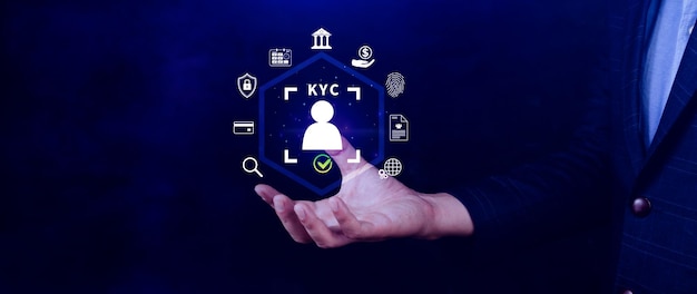 Concepto de verificación KYC KYC Conozca a su cliente Tecnología de negocio verificación de la identidad de los clientes Autenticación del cliente Acceso a datos financieros personales Tecnología digital contra el cibercrimen digital