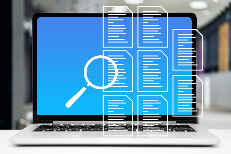 Foto el concepto de verificar documentos gráficos con iconos de documentos en el fondo de la computadora portátil