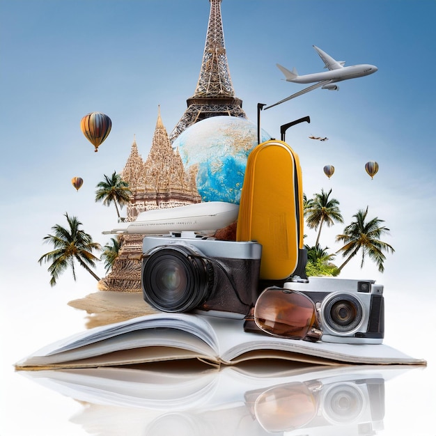 Concepto de viaje en 3D con el fondo de un lugar famoso en el mundo