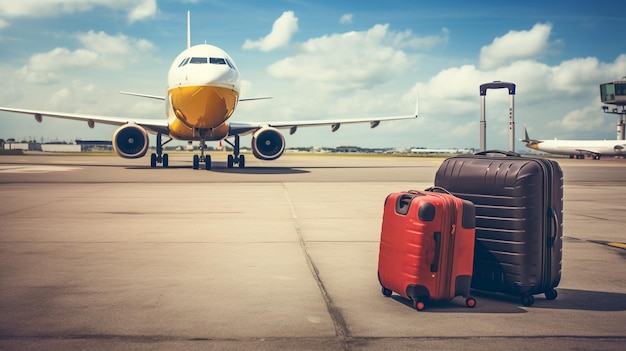 Concepto de viaje Aeropuerto con maletas y avión.