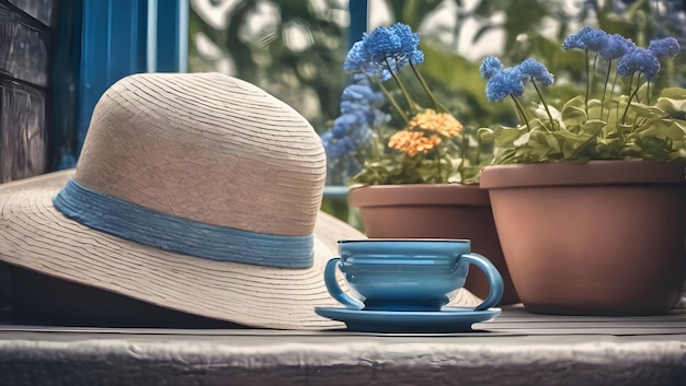 Concepto de viaje azul pastel con sombrero para el sol y maceta