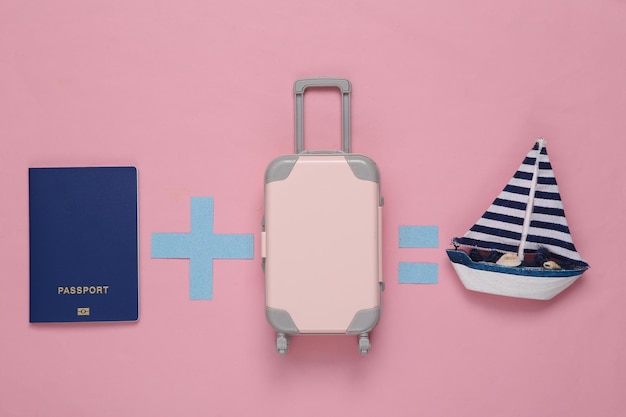 Concepto de viaje Ecuación con equipaje de pasaporte y yate sobre fondo rosa