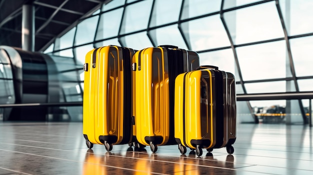 Concepto de viaje con equipaje en el aeropuerto Maletas negras y amarillas en la terminal del aeropuerto IA generativa