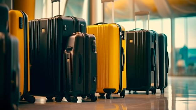 Foto concepto de viaje con equipaje en el aeropuerto maletas negras y amarillas en la terminal del aeropuerto ilustrador generativo de ia
