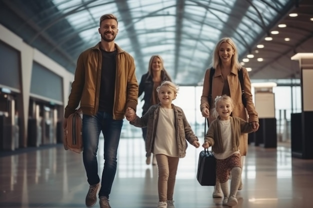 Concepto de viaje familiar viaje familiar en el aeropuertoTiempo para vacaciones familiares IA generativa