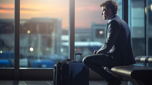 Foto concepto de viaje con un hombre de negocios y una maleta en el interior del aeropuerto con un avión volando