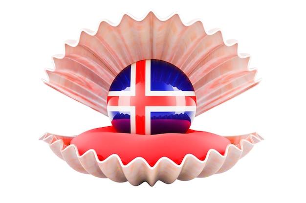 Concepto de viaje en Islandia Perla con bandera islandesa dentro de la representación 3d de la concha marina