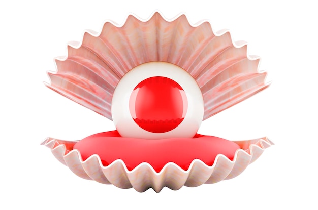 Concepto de viaje en Japón Perla con bandera japonesa dentro de la representación 3d de conchas marinas