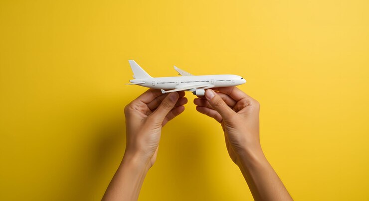 Concepto de viaje y logística con manos sosteniendo modelo de avión en fondo amarillo seguro de viaje aéreo