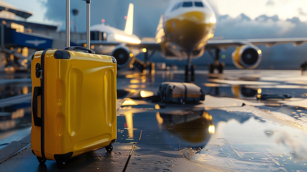 Concepto de viaje Maleta amarilla al lado del avión en la pista