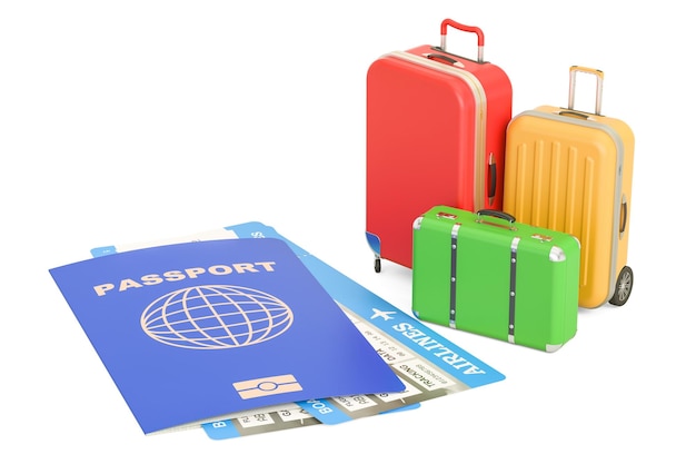 Concepto de viaje Maletas de pasaporte y boletos renderización 3D