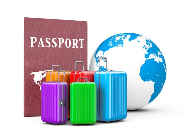 Concepto de viaje. Maletas con pasaporte y globo terráqueo sobre un fondo blanco. Representación 3D