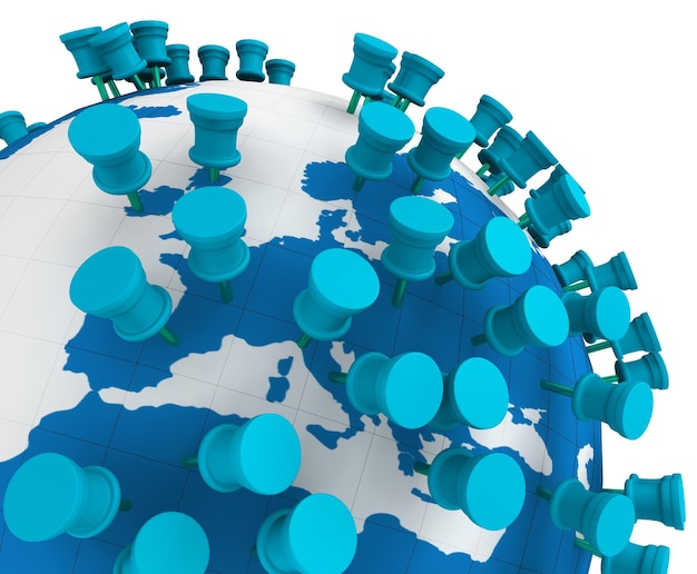 Concepto de viaje. Mapa del mundo del globo y alfileres aislados en blanco