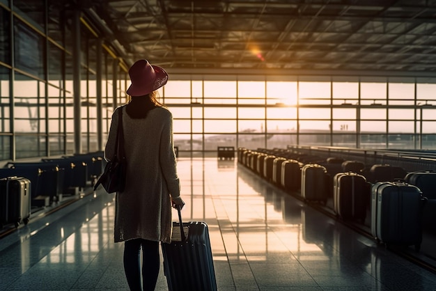 Concepto de viaje Mujer joven vista desde atrás sosteniendo equipaje en el aeropuerto