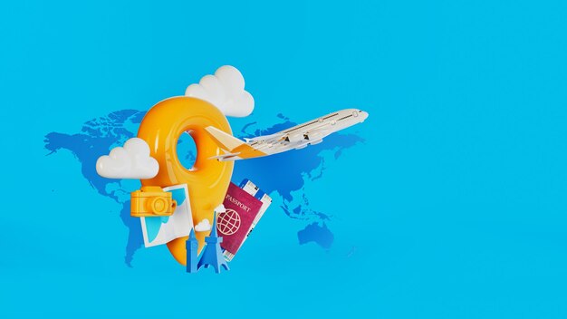 Concepto de viaje con un pin de mapa amarillo, pasaporte de avión y cámara sobre un fondo de mapa del mundo que representa viajes y aventuras globales