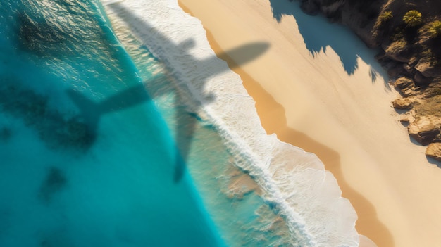 Concepto de viaje con sombra de avión y playa tropical.