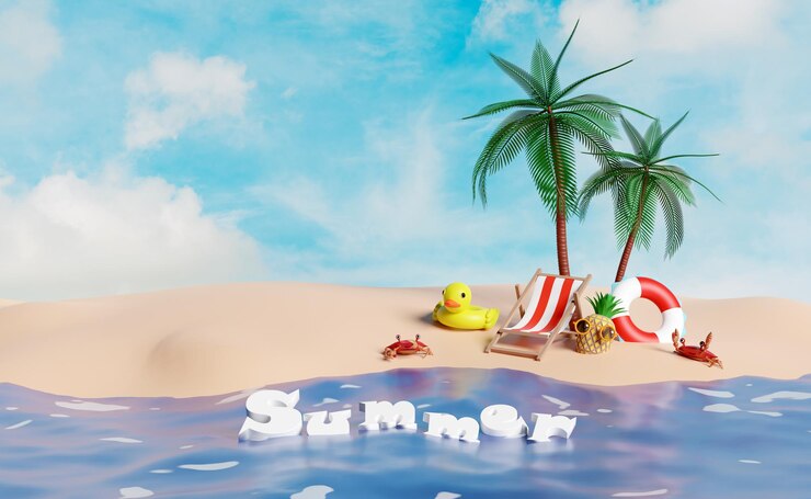 Concepto de viaje de verano en 3D con palma, boya salvavidas, playa, piña, pato amarillo, cangrejo, gafas de sol, playa aislada sobre un fondo de cielo azul.