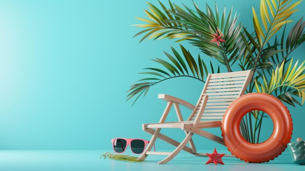 Concepto de viaje de verano 3D con silla plegable de anillo inflable gafas de sol y palmeras contra un fondo azul tropical con espacio para copiar ar 169 ID de trabajo 2a78cfb6f62a4bacbc21bc424d3fc5c6