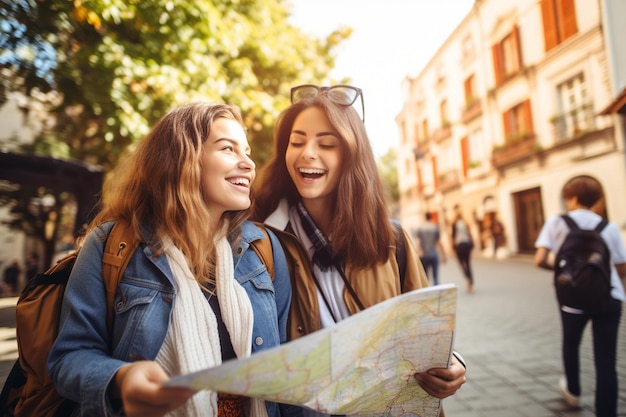 Concepto de viajes y turismo de amigos divertidos