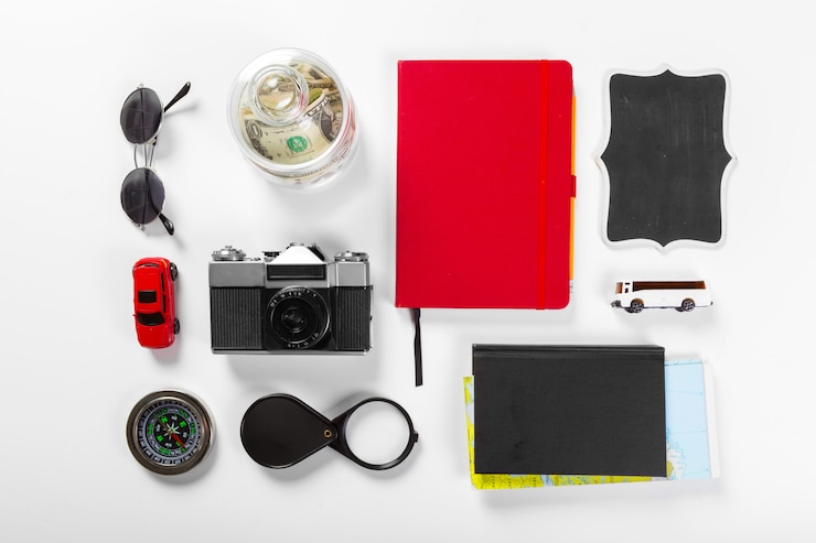 Foto concepto de viajes, vacaciones de verano, turismo y objetos.