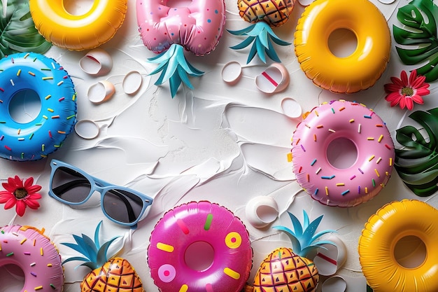 concepto de vibraciones de verano con coloridos accesorios de fiesta en la piscina fondo fotografía profesional