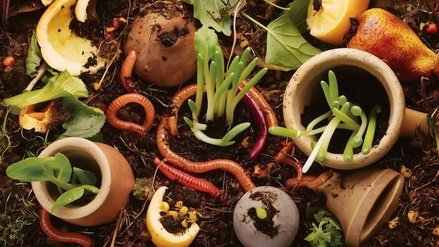 Foto concepto de vida muerta de compost con gusanos de tierra