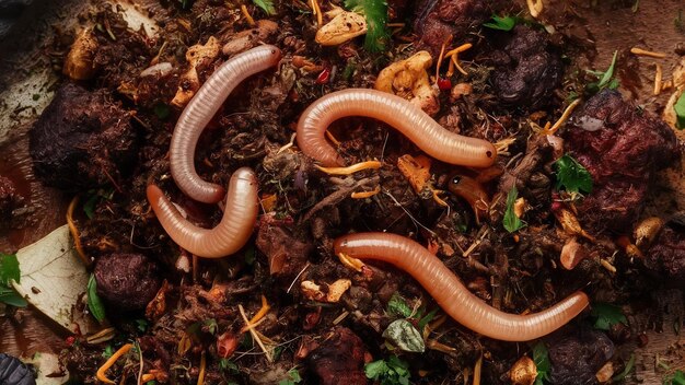 Foto concepto de vida muerta de compost con gusanos de tierra