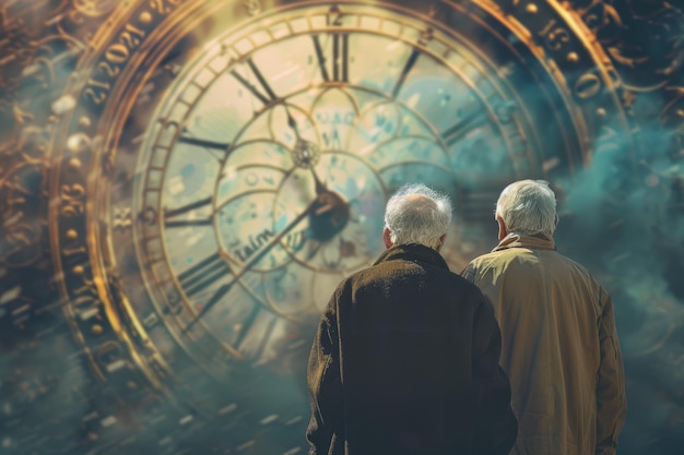 Foto el concepto de la vida que pasa imagen de fantasía de dos ancianos mirando un reloj enorme ai generado