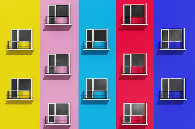 Foto concepto de vida urbana. filas de balcones en primer plano extremo del edificio moderno multicolor. representación 3d