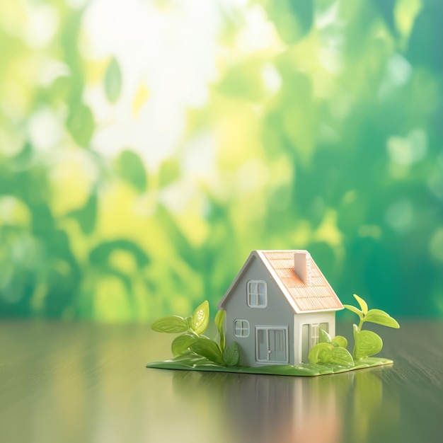 Concepto de vida verde Casa en miniatura con un telón de fondo bokeh natural Para las redes sociales