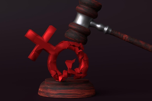 El concepto de violación de los derechos de la mujer El mazo del juez golpea el letrero de la mujer Roe vs Wade 3D render