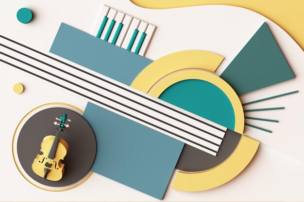 Concepto de violín e instrumento musical Composición abstracta de formas geométricas Plataformas en tono amarillo y verde Rendering 3D